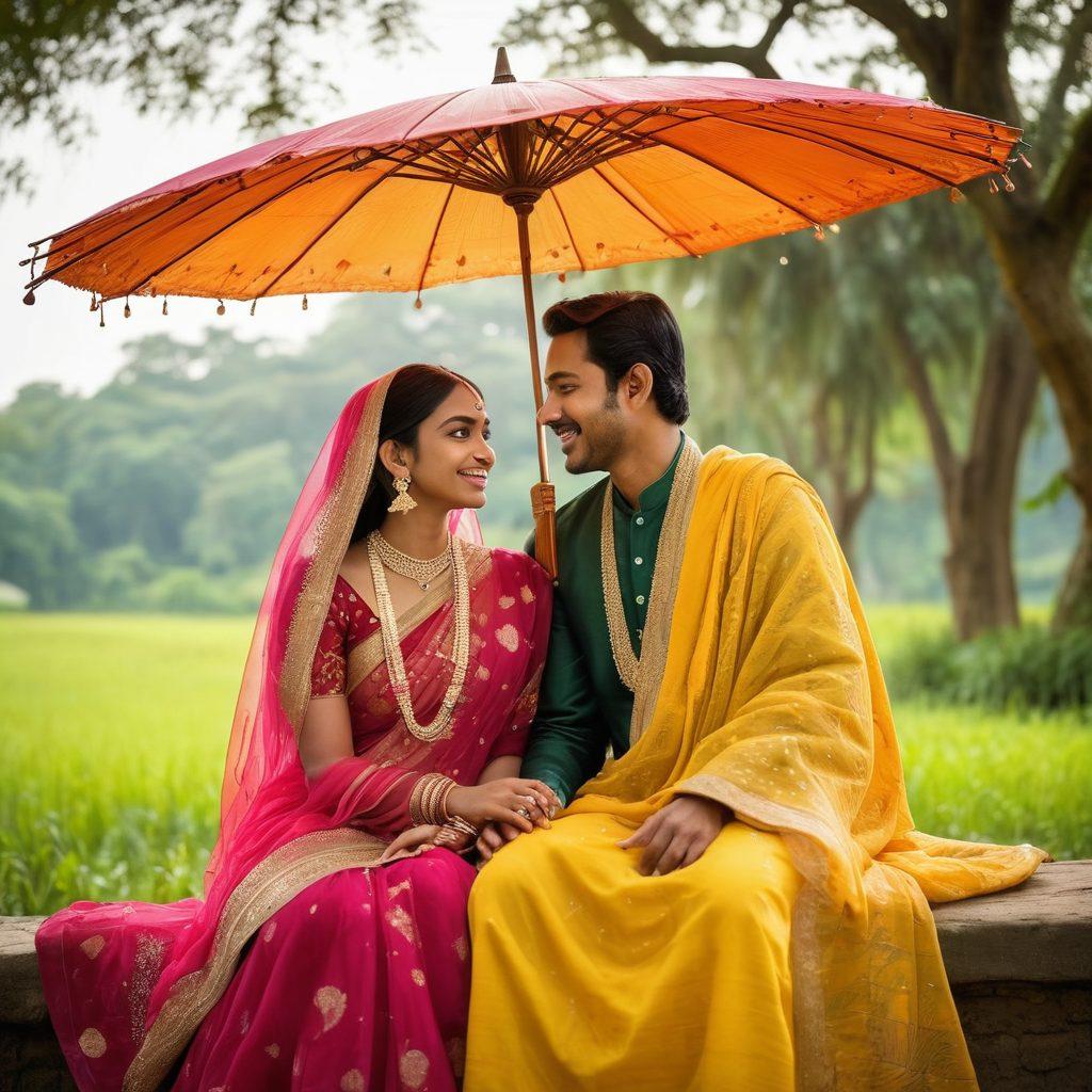 A loving Bengali couple sitting together under an umbrella, surrounded by symbols of protection like shields and hearts. In the background, a serene landscape blending traditional Bengali elements with insurance motifs like policy documents and safety nets. The couple looks content and secure, conveying a sense of peace and protection. Create an atmosphere of warmth and security. vibrant colors. super-realistic.