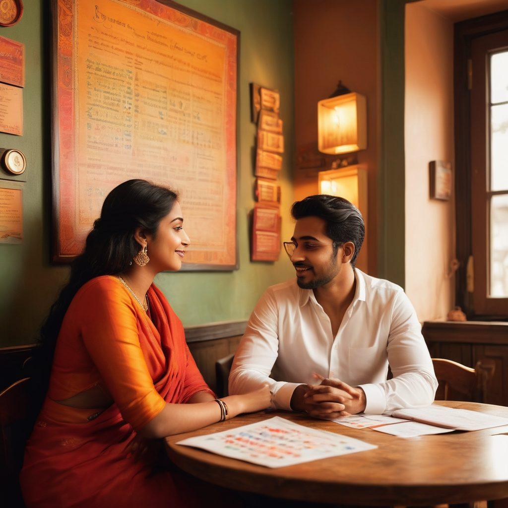 A romantic Bengali couple sitting in a cozy, traditional cafe, surrounded by elements of finance like charts, graphs, and currency symbols subtly integrated into the background. The couple is gazing into each other's eyes while discussing financial plans, with vibrant Bengali motifs adorning the walls. Soft lighting enhances the warm atmosphere, creating a blend of love and financial wisdom. super-realistic. vibrant colors. cozy ambiance.