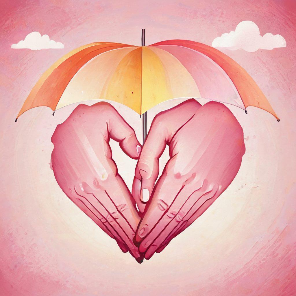 A warm and inviting illustration featuring two hands gently intertwined, adorned with protective elements like a shield or umbrella overhead, symbolizing the safeguarding of affection. In the background, soft heart motifs blend with vibrant colors representing love and security. The scene should exude a sense of intimacy and trust, capturing the essence of choosing the right coverage for a relationship. vibrant colors. soft focus.
